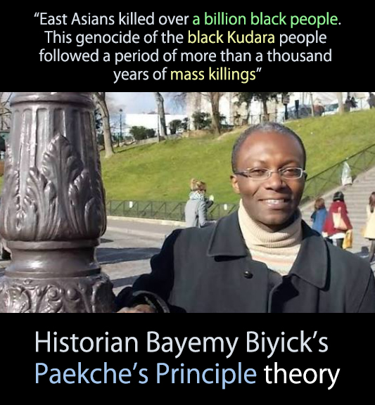 harukaawake's tweet photo. "East Asians killed 1.020 billion black people" according to Bayemy Biyick, a Cameroonian "historian" in France. 

His claims include:

🔴 Japan, Korea and Mongolia were founded by black people.
🔴 The same group founded Japan and then later Tang Dynasty China committed the genocide. 
🔴 Japan accepted millions of black immigrants but then decided to kill them too. 
🔴 Official histories of Japan, Korea, and China were rewritten to hide the Africa origin and genocide.
🔴 The real reason Japan, Korea and China don't like each other goes back to a disagreement about this genocide.