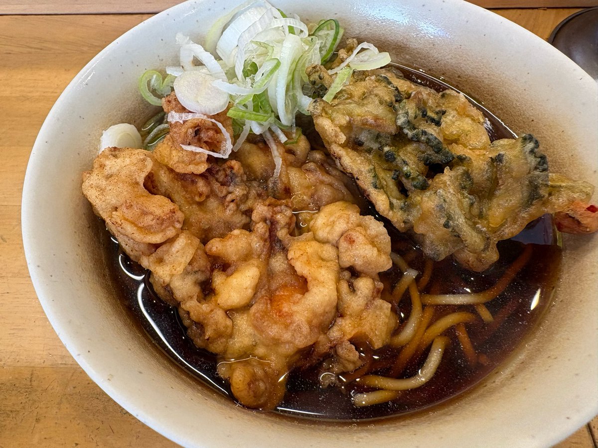 genkamisaki's tweet photo. 一◯そばで
ゲソ天🦑とゴーヤ天そば！
春菊の苦さもいいけどゴーヤの苦さもいいねぇ
そして安定のゲソ天の美味しさ

立ち食いそばが数倍美味しい季節になってきて幸せ😊
#立ち食いそば https://t.co/lE2f7VumTm