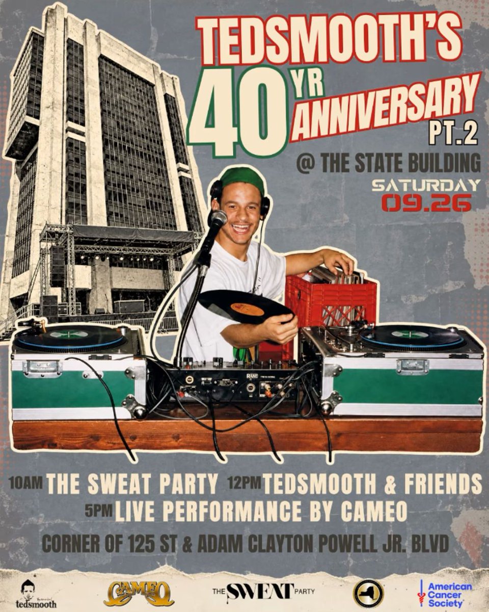 baragendanyc's tweet photo. Today at 12:00 PM!
@TedSmooth continues his 40th anniversary celebration with a free outdoor concert, headlined by Cameo in their first-ever Harlem performance. Traxx Will, with @djchubbychub and @technicianthedj
#TedSmooth #NYCHipHop #NYCEvents #HipHopEvents #BarAgendaNYC https://t.co/gdRsQoiiWl