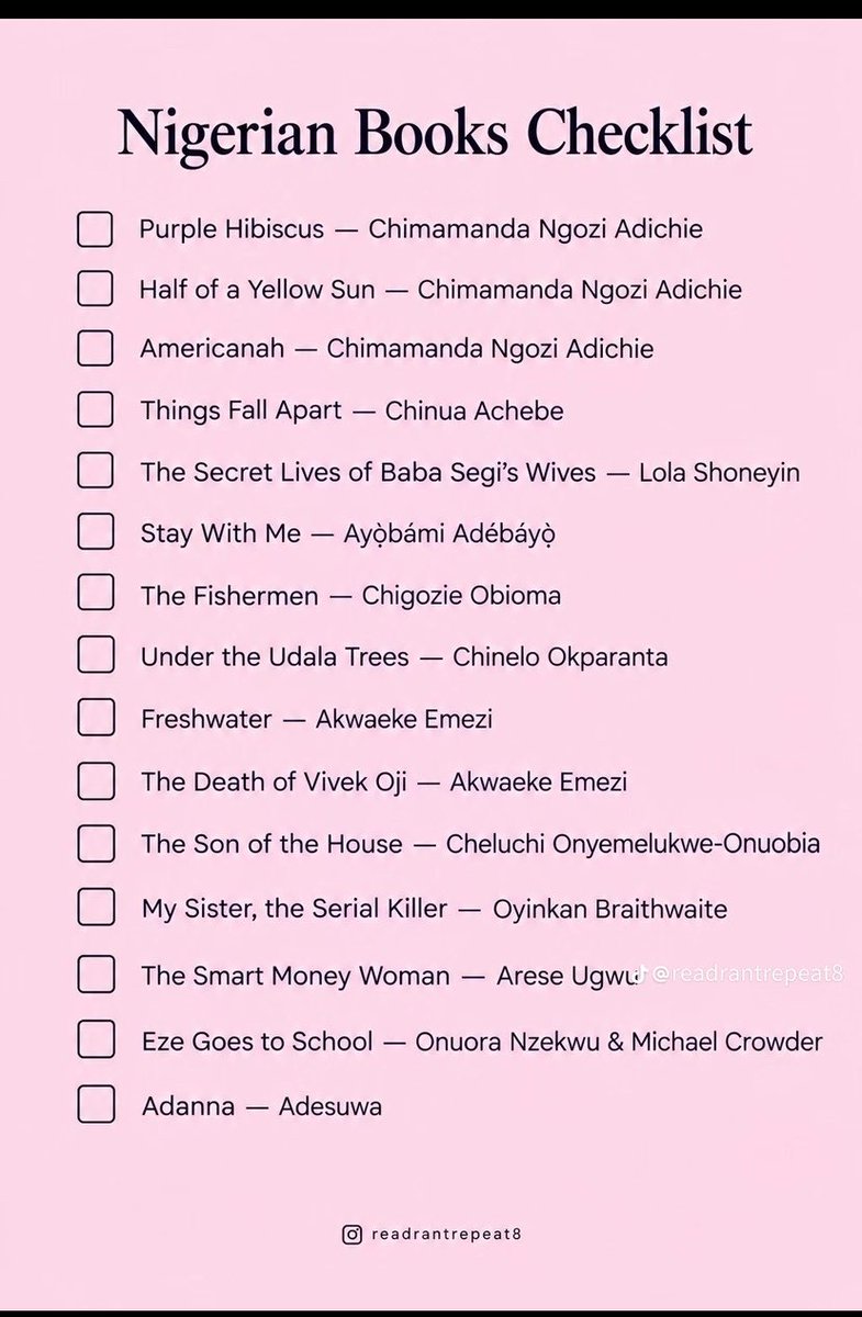 Rhosemary8's tweet photo. Filled a Nigerian Books Checklist and I’ve read 11 books out of the ones listed.

How many of it have you read? Use the clean sheet to fill yours and let’s have a fun-filled weekend with the books we’ve read!!!! https://t.co/kzBnqwJXwS