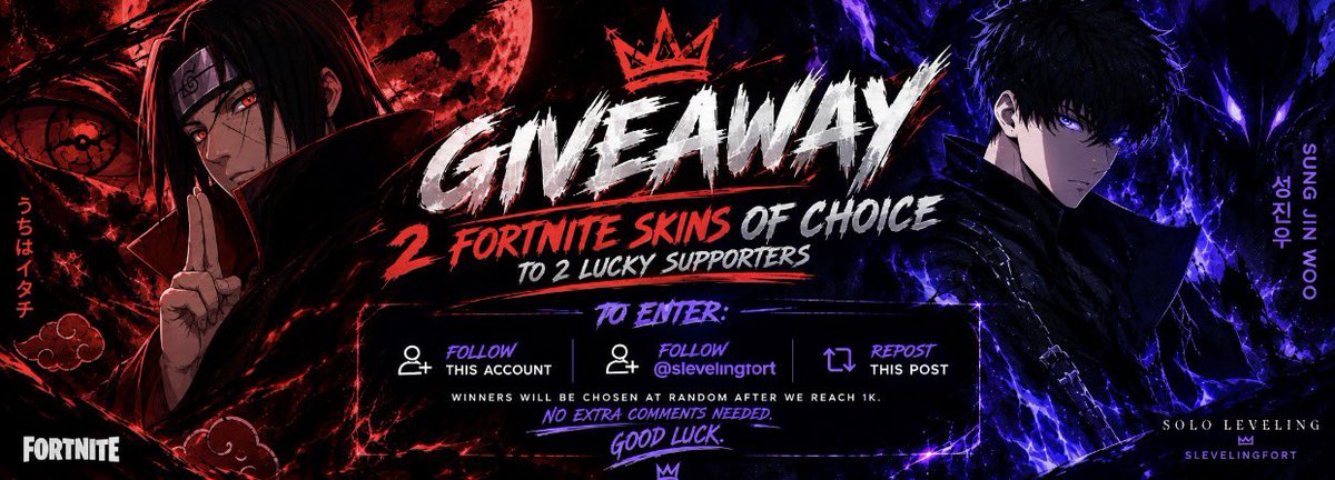 itachixversefn's tweet photo. Once I hit 1,000 followers, I’ll be giving away 2 Fortnite skins of choice to two low-key supporters.

To enter: • Follow this account
• Follow @SLevelingFort 
• Repost this post

Winners will be chosen at random after we reach 1k. No extra comments needed.

Good luck. https://t.co/PWD3xpuMNb