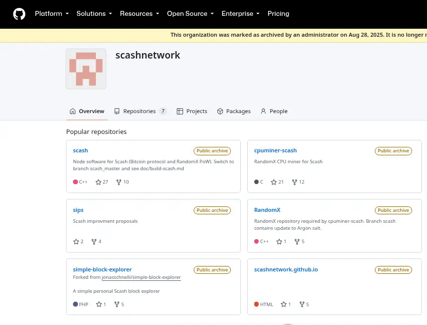 scash_china's tweet photo. 仓库顶上那条黄条，日期写得很清楚：2025 年 8 月 28 日，管理员把 scashnetwork 组织标成 Archived。旁边一串 Public archive。节点、矿工、提案仓库还在，只是官方组织不再以「维护者」身份出现。这不是戏剧性的「人蒸发了」，是把钥匙放下、把仓库封存——主动退出维护。

下一帧才是重点。打开 Scash Network Community，同样的 scash 节点、cpuminer-scash、sips 改进提案被 fork 过来继续推。时间戳还在往前走。底座仍是 Bitcoin 协议，PoW 仍是 RandomX，家用电脑还能进来参与出块。谁能挖、怎么出块，写在可验证的仓库和算法里，不写在某个组织页的成员名单上。

加密圈里偶尔会把这种安静交接，跟早年那位把协议留在公共网络上、自己退到幕后的写法，放在同一条光谱里看。相似的是交接方式：协议公开、钥匙交出、社区续跑。不是身份谜题；方法平行，绝不等于「他就是某某」。把传说读进仓库黄条里，对理解这条链没有帮助。

谁来维护，比谁曾经出现在组织页上，更能决定一条链能不能继续被人用。归档可以是终点，也可以是交接的起点——Scash 眼下更像后者。

#社区交接 #scash #RandomX #开源归档