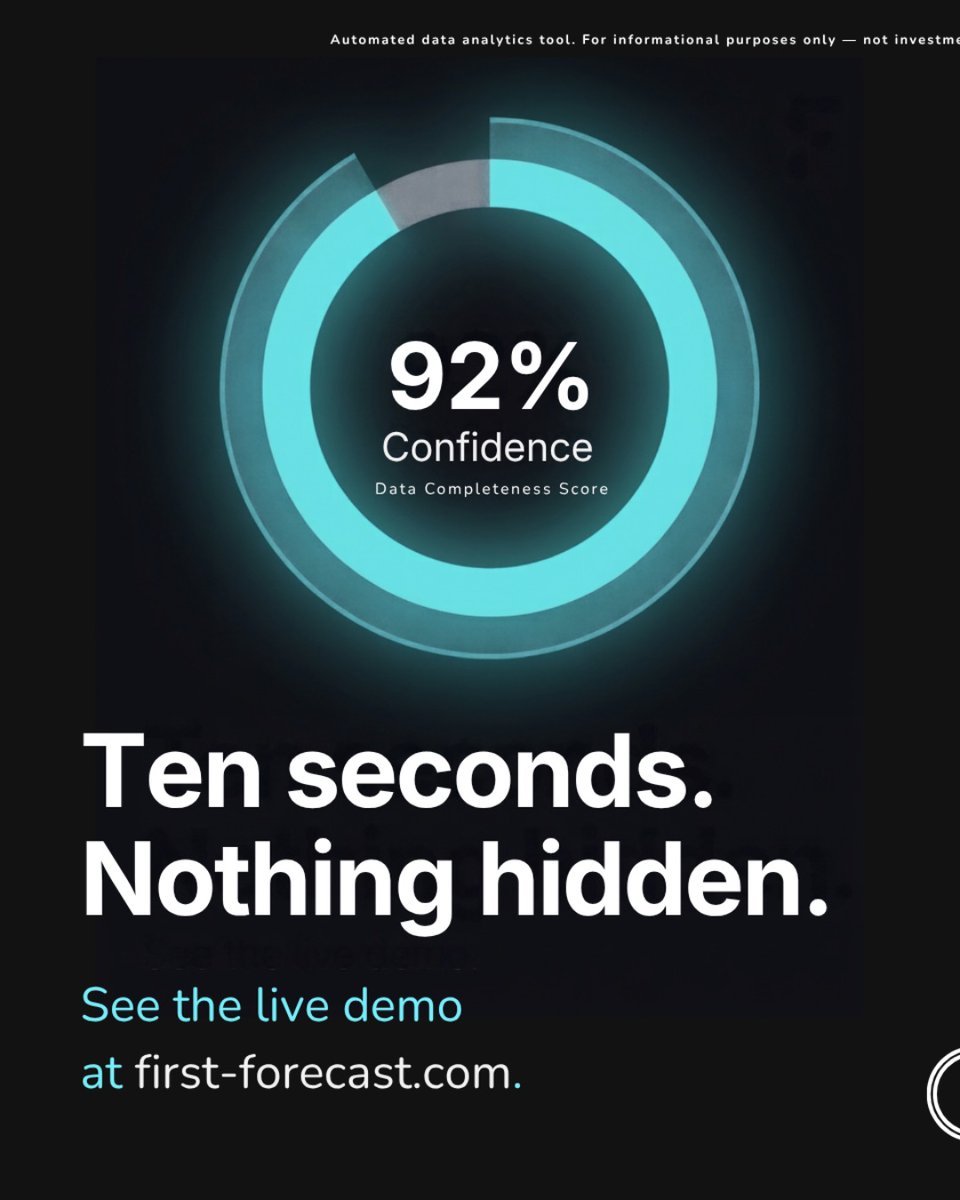 First_Forecast's tweet photo. Ten tabs, zero clarity. You deserve a straight answer.
30 AI agents scan 806 stocks, 7 markets, sentiment, smart money, price action, fundamentals, into one plain forecast, audited by Cynthia.
Confidence shown honestly, grey gap included.
#InvestSmart #FinTech #AIinvesting https://t.co/c3BROYTW2y