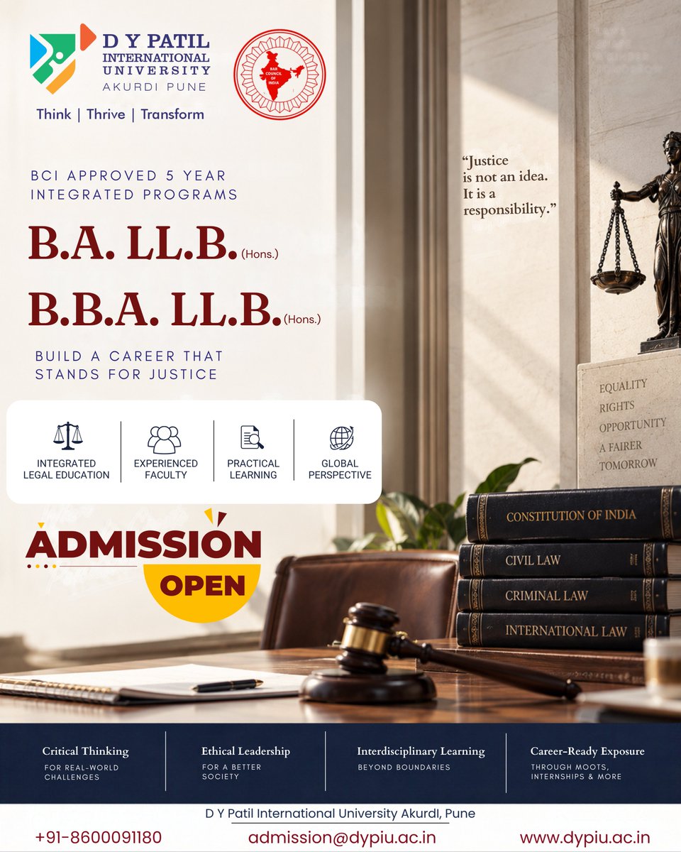 DYPIU_AKURDI's tweet photo. ⚖️ Build a Career That Stands for Justice.

Explore BCI-approved 5-year integrated programmes at DYPIU:

🎓 B.A. LL.B. (Hons.)
🎓 B.B.A. LL.B. (Hons.)

🎓 Admissions Open 2026

📞 +91-8600091180
🌐 https://t.co/QE16ay24bp

#DYPIU #BALLB #BBALLB #LegalEducation #AdmissionsOpen https://t.co/eYjZ0HU1BI