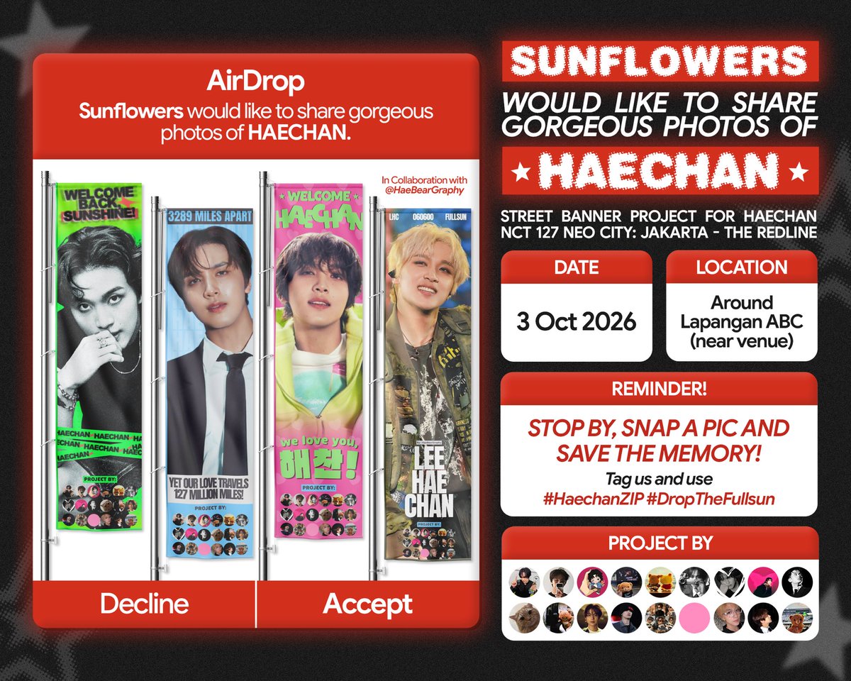 haeppinass's tweet photo. 𝒔𝒖𝒏𝒇𝒍𝒐𝒘𝒆𝒓𝒔 would like to share gorgeous photos of 𝐇𝐀𝐄𝐂𝐇𝐀𝐍

Street banner project for #NCT127 𝐇𝐀𝐄𝐂𝐇𝐀𝐍 🐻

📅 3 Oct 2026
📍 Around Lap. ABC (near venue)

Stop by, snap a pic &amp; save the memory! 📸

Tag us and use #HaechanZIP #DropTheFullsun 🐻☀️ https://t.co/uPr6Fno2Ib