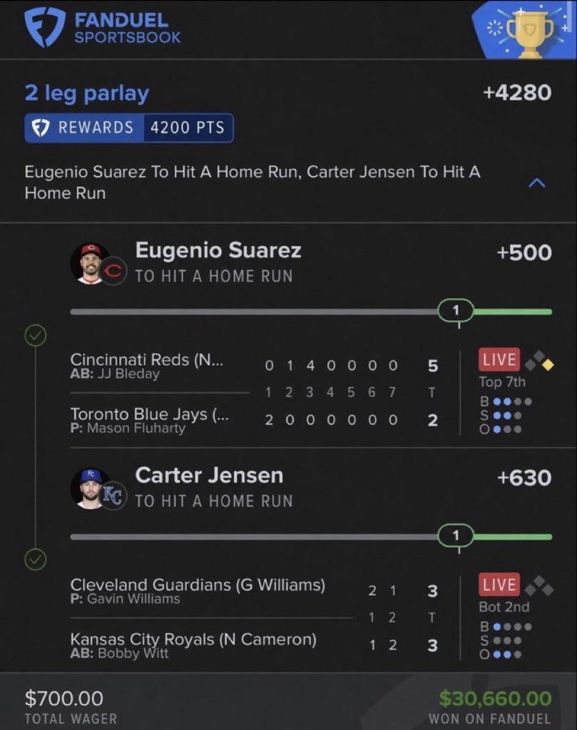 coletodeworld's tweet photo. 30K+ OFF A 2-LEGGER?! 😭💰🔥

SUAREZ ✅
CARTER JENSEN ✅

THE HR PARLAY CAME THROUGH HUGE 😮‍💨💣💰 https://t.co/eigby5MehF