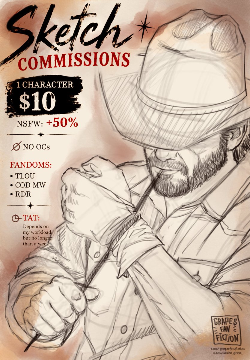 sasha_grape_'s tweet photo. QUICK SKETCH COMMS OPEN ⚡️
Want your favorite character? I’ll sketch them for just $10 🖤
🔸 1 character: $10
🔸 NSFW: +50%
🔸 COD MW / TLOU / RDR
🔸 No OCs
🔸 Quick sketch format
🔸 Turnaround depends on my workload, but no longer than 1 week
Payment/Support via:
🔹 Boosty
🔹 Tribute Telegram bot
🔹 Direct bank transfer
Order / Questions: DM or https://t.co/OM3IarZ7fU
Limited slots, so… grab yours 🫦🔥
#commissionsopen #sketchcommission #quicksketch #2dart #digitalart #fanart #callofduty #codmw #thelastofus #tlou #rdr2 #reddeadredemption #fanartcommission