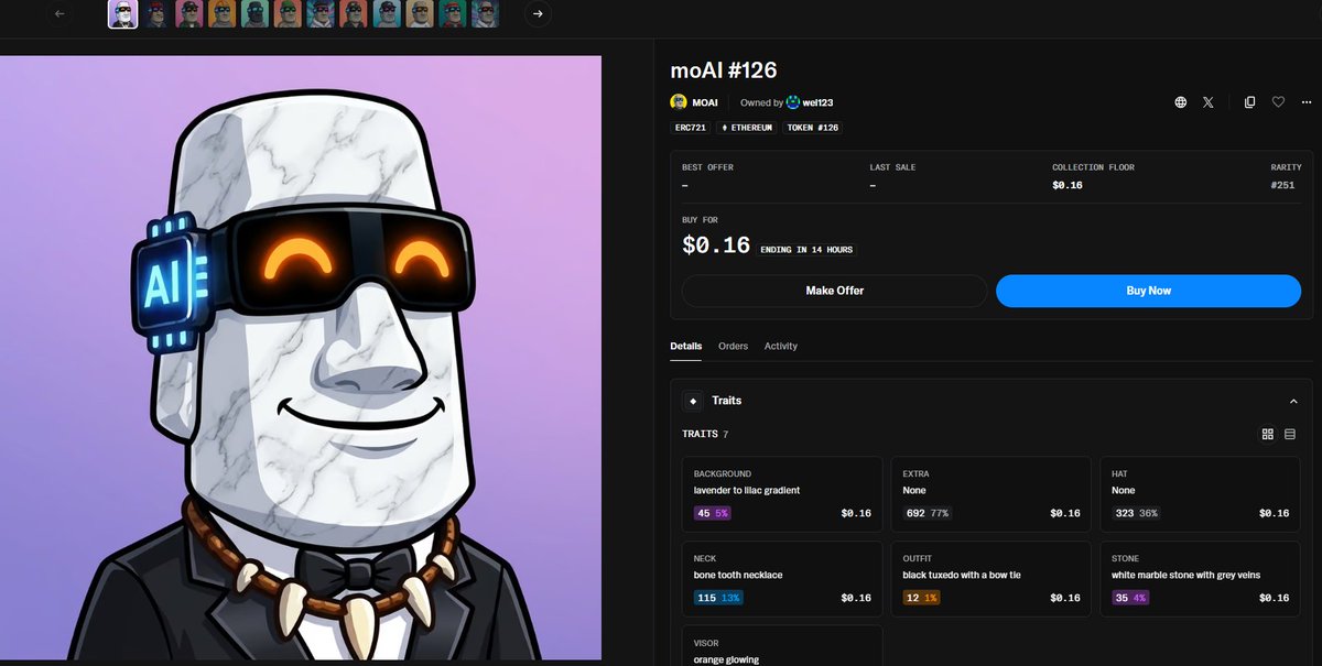 moAI_mascot's tweet photo. moAI #126

Head #126, standing for year 126 of 900. Carved from white marble stone with grey veins, it wears a black tuxedo with a bow tie and a bone tooth necklace, with an orange glowing visor. Spotted against a lavender-to-lilac backdrop. Only 12 of 900 share its outfit: black tuxedo with a bow tie. Dressed for a gala that ended three centuries ago. moAI: 900 stone heads, one for every year it has stood.
https://t.co/PTVDsJhCIE