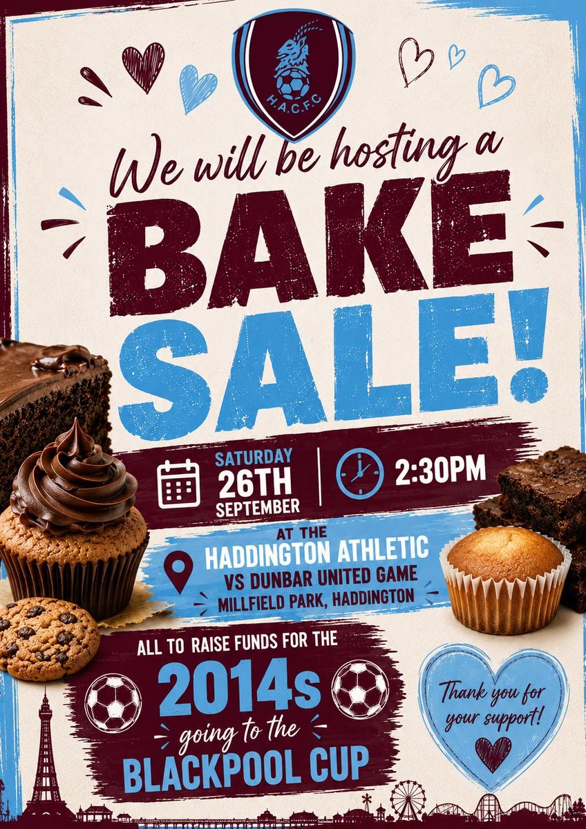 HaddAth's tweet photo. This afternoon's derby with @DunbarUtd offers spectators not only the option of refreshments from a licensed bar for the first time at Millfield, but also opportunity for tasty cakes, traybakes, etc - please support @HAFCYouth in their fundraising initiative! https://t.co/kc8c6U1tIa
