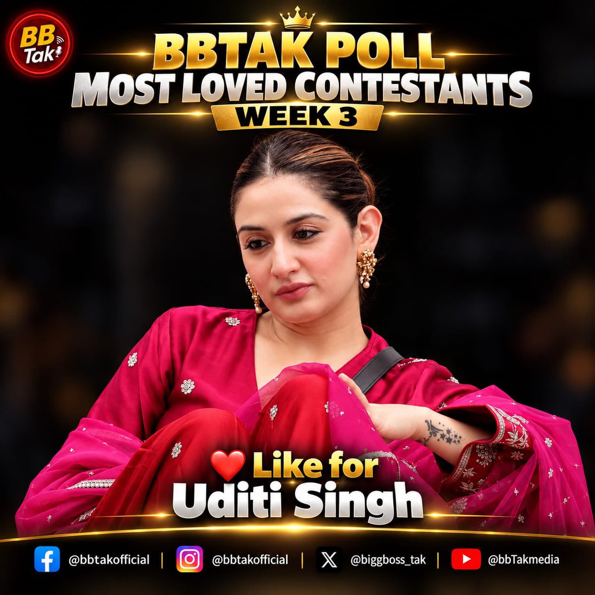 BiggBoss_Tak's tweet photo. 🚨 Biggest & Most Authentic #BBTak Poll - #BB20 Week-3🚨

❤️ Like this post if you're supporting #UditiSingh in #BiggBoss20 

🗳️ Poll ends tomorrow (Sunday) at 8:00 PM.

📌 Note: #BBTak Poll results are based on the total number of likes received on contestants' posts across our Instagram, X (Twitter) & Facebook pages.

Poll also active on Facebook and Instagram