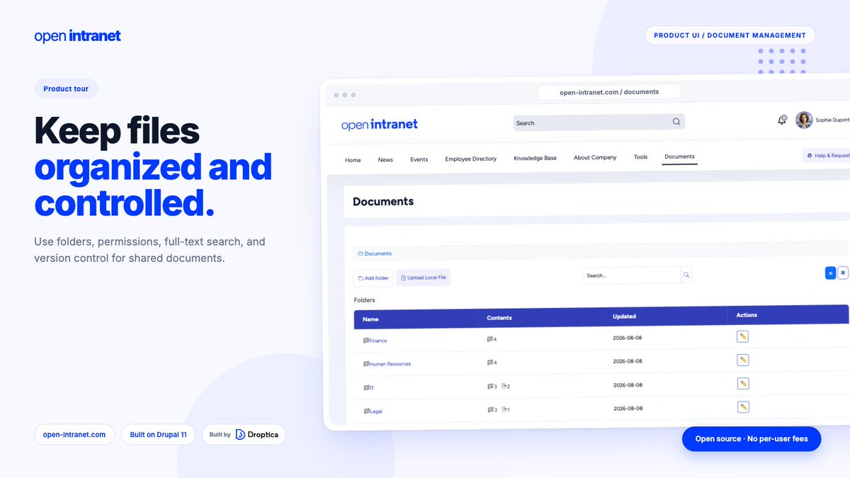 openintranet's tweet photo. The right document should be easy to find and safe to update.

Open Intranet adds folders, permissions, full-text search, and version control, with options to connect services such as Google Drive, OneDrive, and Dropbox. https://t.co/Q5S6Q2HloQ