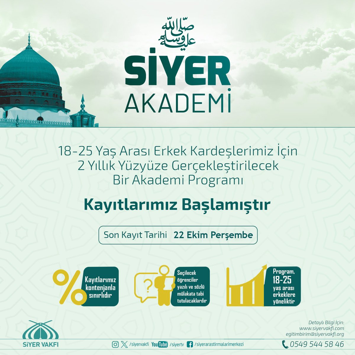 siyervakfi's tweet photo. Siyer Vakfımızın hazırlamış olduğu 2 yıllık Siyer Akademi programı için kayıtlar başladı.

Program kapsamında; 18-25 yaş aralığındaki erkek kardeşlerimizle 2 yıl boyunca Cumartesi günleri Siyer, Hadis, Akaid, Sahabe, İlmihal, Davet, Kur’ân-ı Kerîm, Bilinç, seminer, kitap okumaları ve çeşitli sosyal etkinlikler gerçekleştirilecek.

👉 Kayıt ve Detaylı Bilgi İçin: https://t.co/NAE9hVd2eF