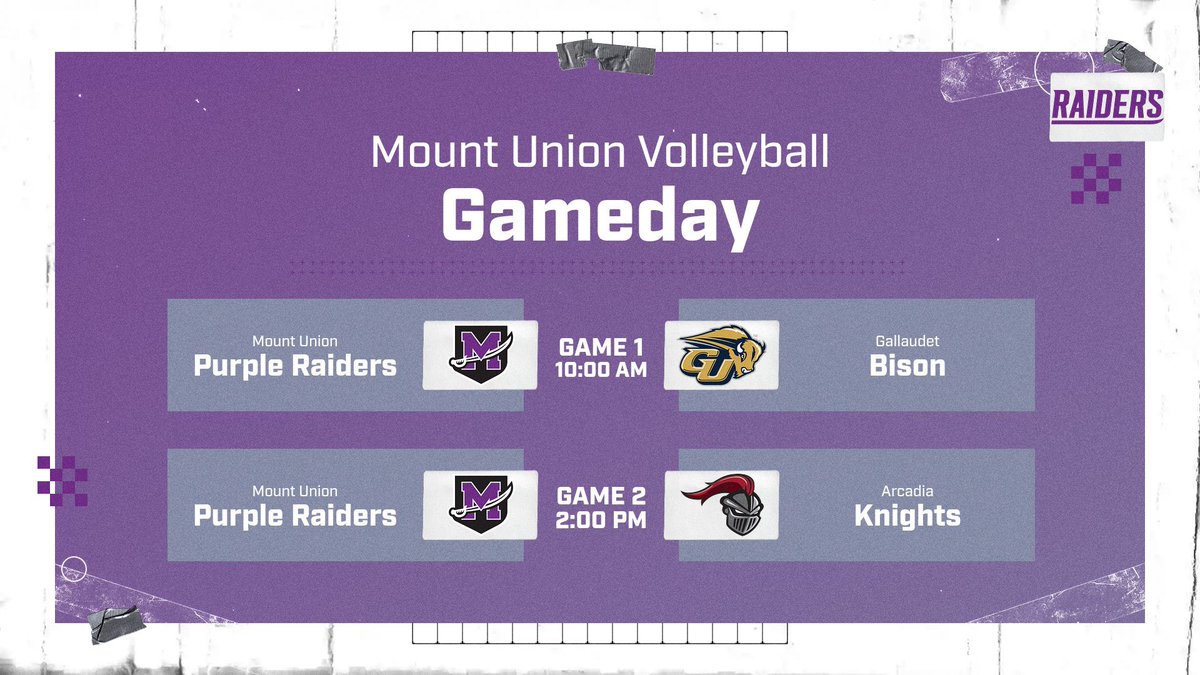 purpleraiders's tweet photo. GAMEDAY!! The Raiders look for two more wins this weekend taking on the hosts Gallaudet and Arcadia!!
π: Washington, D.C.
π: 10 AM and 2 PM
πΊ: 10: https://t.co/KSTumHZCkb
πΊ: 2: https://t.co/hQC74rqgfw
π: https://t.co/U3zuHnPEEP
#GoMountGo https://t.co/g3VCqkVPRH