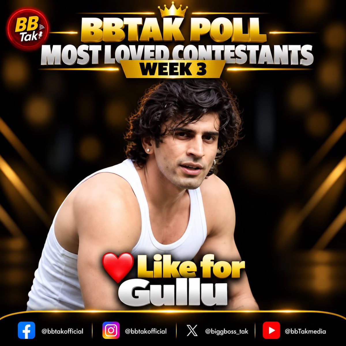 BiggBoss_Tak's tweet photo. 🚨 Biggest & Most Authentic #BBTak Poll - #BB20 Week-3🚨

❤️ Like this post if you're supporting #Gullu aka #KushalTanwar in #BiggBoss20 

🗳️ Poll ends tomorrow (Sunday) at 8:00 PM.

📌 Note: #BBTak Poll results are based on the total number of likes received on contestants' posts across our Instagram, X (Twitter) & Facebook pages.

Poll also active on Facebook and Instagram