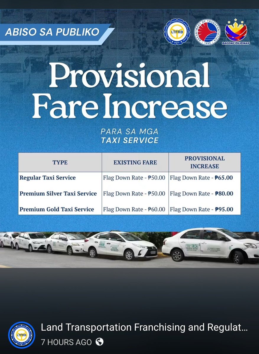 pinoinaughtyboi's tweet photo. Official Temporary Fare adjustment #alterBaguio #alterPinas #alterPhilippines #alterPH. Flag down of Regular taxi will be P65.00 starting Monday https://t.co/OWhWzxrmx4