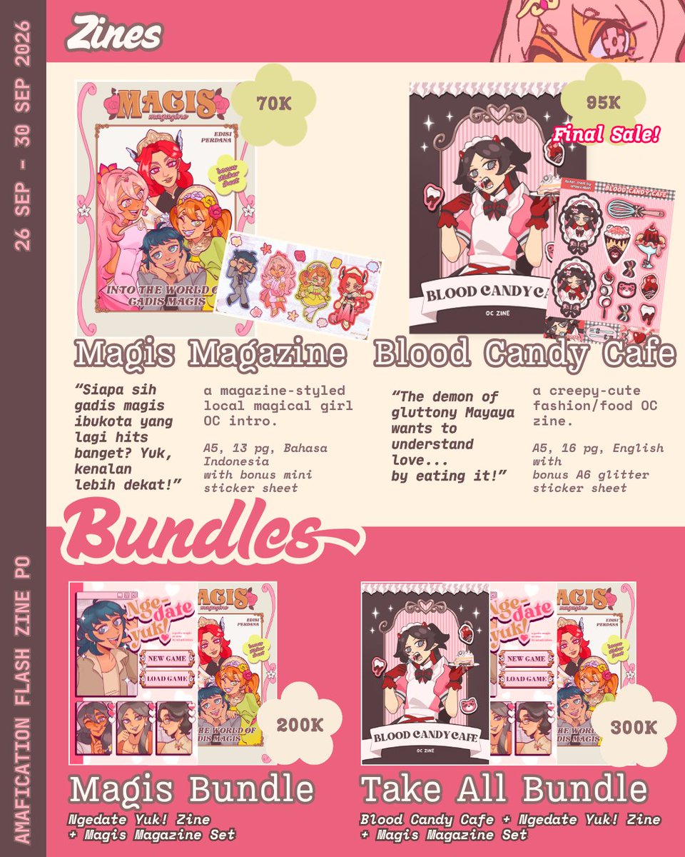 amafication's tweet photo. Repost appreciated! 🫶
[AMAFICATION CF23 ZINE FLASH PO]
i'm opening a quick PO for my GADIS MAGIS ZINE! scroll below for page samples :)

📅26 Sept- 30 Sept 2026
🖼️ GL OC zine, fashion OC zine
🔗 https://t.co/5C4BQ8RMtD https://t.co/7yW2FZMYUU