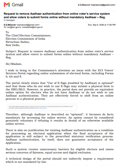 SQMasood's tweet photo. I wrote to the @ECISVEEP requesting that #mandatory #Aadhaar #authentication be removed from the online voter services system, so that voters can submit forms easily. 

I received a communication from the ECI stating that “your valuable suggestions have been noted by the ECI.” https://t.co/dt2gkH7H0L