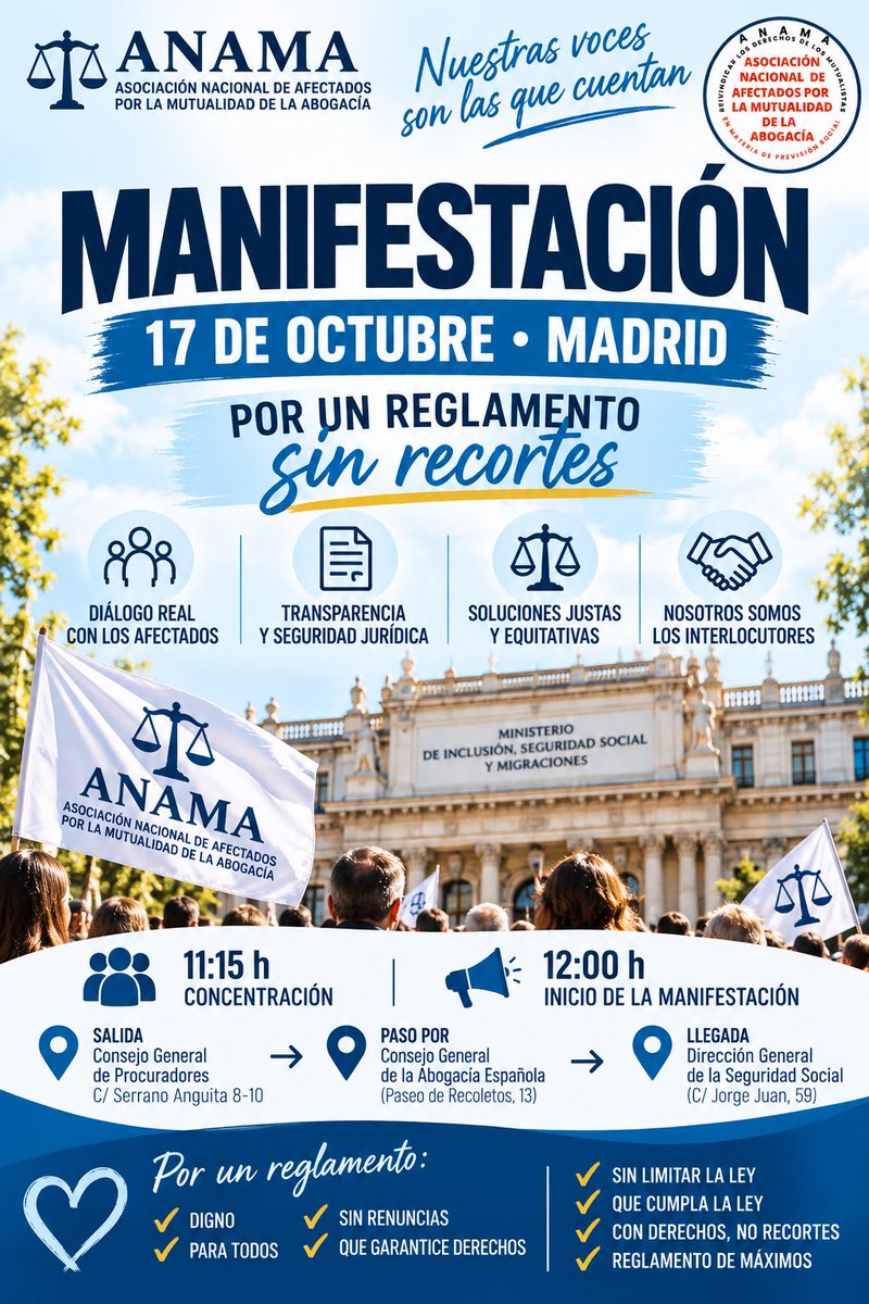 asociacionANAMA's tweet photo. 💙 ANAMA ESTARÁ EL 17 DE OCTUBRE

La ley ya está aprobada, pero ahora llega un momento decisivo: su desarrollo reglamentario.

Lo que se concrete en ese reglamento determinará cómo se aplica realmente la Pasarela al RETA. Por eso creemos que es momento de seguir presentes unidos https://t.co/49Nr0WIxn6