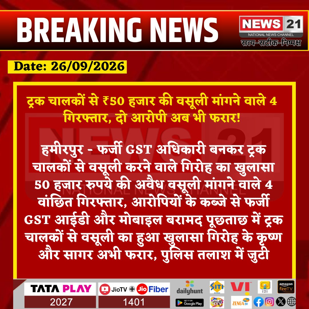 news21national's tweet photo. ट्रक चालकों से ₹50 हजार की वसूली मांगने वाले 4 गिरफ्तार, दो आरोपी अब भी फरार!

#Hamirpur #HamirpurNews #FakeGSTOfficer #GSTFraud #Extortion #UPPolice #CrimeNews #PoliceAction #UttarPradesh #BreakingNews #News21 @hamirpurpolice @Uppolice @dgpup https://t.co/QLLAhFMopS