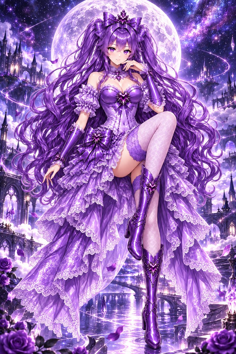 Latex_AI_Chouya's tweet photo. オリジナルキャラ（悪堕ち前の��）を生成したら、勝手にツインテールにされてまるでキュ○○ジェスティだったので、色を紫にして背景をつけたらこんな感じww

てかアップデート入ってからchatgptとGrokが規制厳しくなった癖に言うこと聞かないwww

※（一枚目）でちゃった奴のアレンジ
（二枚目）意図せずでちゃった奴
（三枚目）本当に出したかった奴
