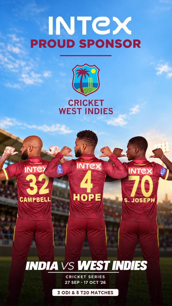 IntexBrand's tweet photo. 🏏INTEX – Proud Sponsor of West Indies Cricket!
🌴 India vs. West Indies Series

3 ODIs. 5 T20Is . Unlimited excitement. Let the cricket fever begin! 💥

#INTEX #ProudSponsor #WestIndiesCricket #INDvsWI #CricketFever #ActionPackedSeries https://t.co/996ryIy3u8