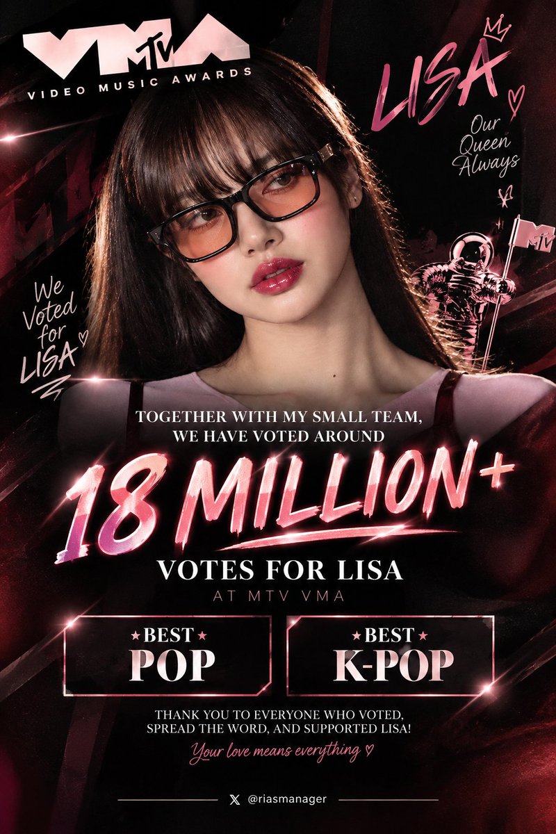 riasmanager's tweet photo. Since voting is closed, here’s a quick flex from me and my mini team. We dropped like 18M votes for Lisa at the VMAs across Best Pop and Best K-pop. Really hope she takes the trophy home, but honestly, no matter the outcome, I’m so proud of her @wearelloud 🫶 https://t.co/pePjLuJA3K