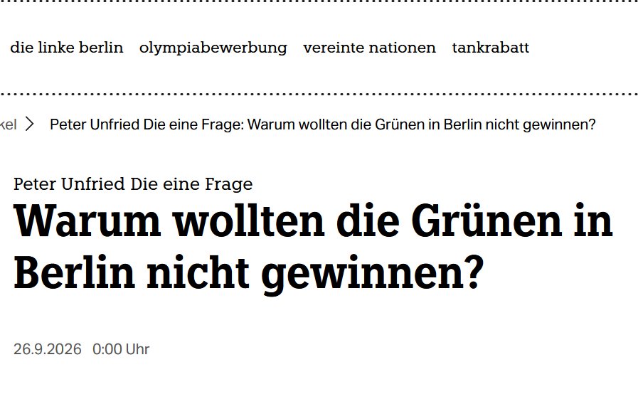 peterunfried's tweet photo. "Die CDU schoss sich ins Knie, die SPD hat sich längst in beide Knie geschossen, die AfD ist vergleichsweise schwach. Die Chance war groß wie nie für @Die_Gruenen, Berlin zu regieren. Sie gaben wirklich alles, um diese Wahl nicht zu gewinnen."

Die eine Frage in der @wochentaz https://t.co/rw1kmOGfep
