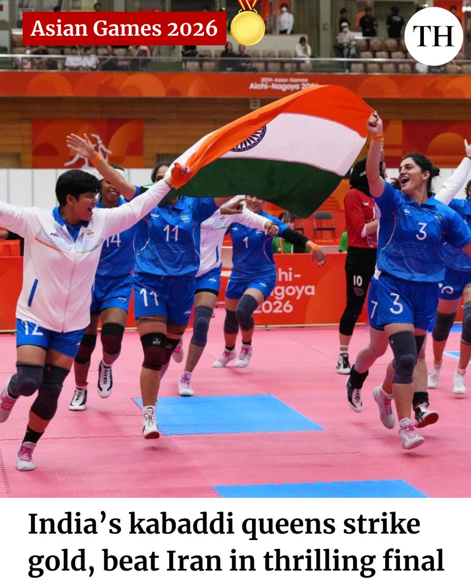 the_hindu's tweet photo. 🥇Women shine again at the Asian Games! India extended their dominance at the tournament as the women’s kabaddi team clinched gold with a thrilling 37-34 win over Iran in the final.

Images: AP, Reuters https://t.co/4UYDoHS8UP