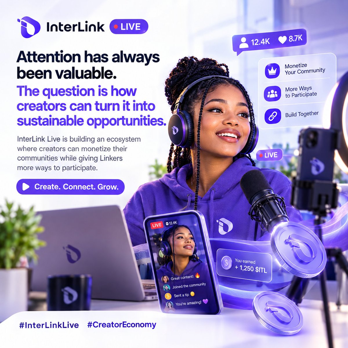 Alhajiamee21644's tweet photo. 💡 Attention has always been valuable. The question is how creators can turn it into sustainable opportunities.

InterLink Live is building an ecosystem where creators can monetize their communities while giving Linkers more ways to participate.

🎥 Create.
#InterLink #ITLG #ITL https://t.co/A1UIJqx3Sf