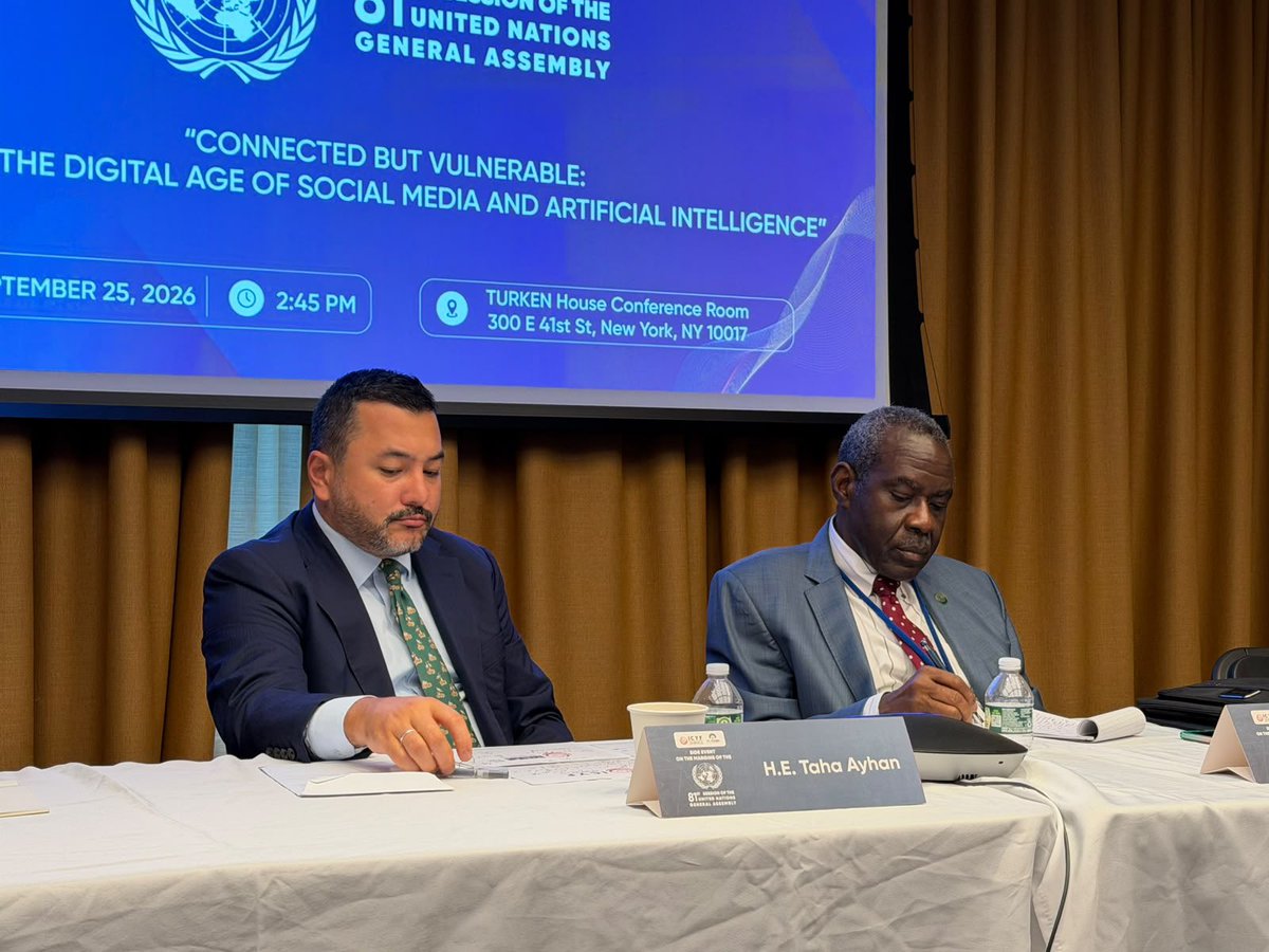 ICYF_Official's tweet photo. 🌐 Connected but Vulnerable: Youth in the Digital Age of Social Media and Artificial Intelligence

On the margins of the 81st Session of the United Nations General Assembly (UNGA81), the Islamic Cooperation Youth Forum (ICYF), in partnership with TURKEN Foundation USA, organized a side event exploring how social media and artificial intelligence are reshaping the lives and futures of young people.

The panel brought together H.E. Taha Ayhan, President of ICYF; H.E. Ambassador Hameed A. Opeloyeru, Permanent Observer of the OIC to the United Nations; and Münevver Gülce, Graduate Associate at Harvard University, moderated by Sinan Karşıyaka.

The discussion highlighted both the opportunities and emerging challenges presented by rapidly evolving digital technologies, with particular attention to their impact on youth well-being, social interaction, education, participation, and development.

Speakers emphasized the need for responsible innovation, stronger digital resilience, and youth-centered approaches to ensure that advances in social media and AI contribute to the empowerment and well-being of younger generations.

ICYF remains committed to advancing meaningful dialogue and cooperation that places young people at the center of discussions shaping our shared digital future.

@tahaayhan 
@turkenorg 
@UNYouthAffairs 

#ICYF #UNGA81 #Youth #ArtificialIntelligence #AI #SocialMedia #DigitalFuture #YouthEmpowerment #DigitalWellbeing #ResponsibleAI