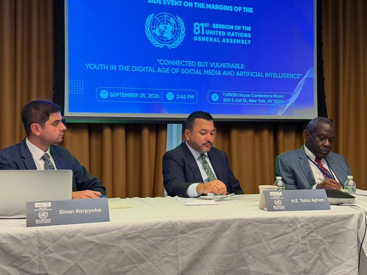 ICYF_Official's tweet photo. 🌐 Connected but Vulnerable: Youth in the Digital Age of Social Media and Artificial Intelligence

On the margins of the 81st Session of the United Nations General Assembly (UNGA81), the Islamic Cooperation Youth Forum (ICYF), in partnership with TURKEN Foundation USA, organized a side event exploring how social media and artificial intelligence are reshaping the lives and futures of young people.

The panel brought together H.E. Taha Ayhan, President of ICYF; H.E. Ambassador Hameed A. Opeloyeru, Permanent Observer of the OIC to the United Nations; and Münevver Gülce, Graduate Associate at Harvard University, moderated by Sinan Karşıyaka.

The discussion highlighted both the opportunities and emerging challenges presented by rapidly evolving digital technologies, with particular attention to their impact on youth well-being, social interaction, education, participation, and development.

Speakers emphasized the need for responsible innovation, stronger digital resilience, and youth-centered approaches to ensure that advances in social media and AI contribute to the empowerment and well-being of younger generations.

ICYF remains committed to advancing meaningful dialogue and cooperation that places young people at the center of discussions shaping our shared digital future.

@tahaayhan 
@turkenorg 
@UNYouthAffairs 

#ICYF #UNGA81 #Youth #ArtificialIntelligence #AI #SocialMedia #DigitalFuture #YouthEmpowerment #DigitalWellbeing #ResponsibleAI