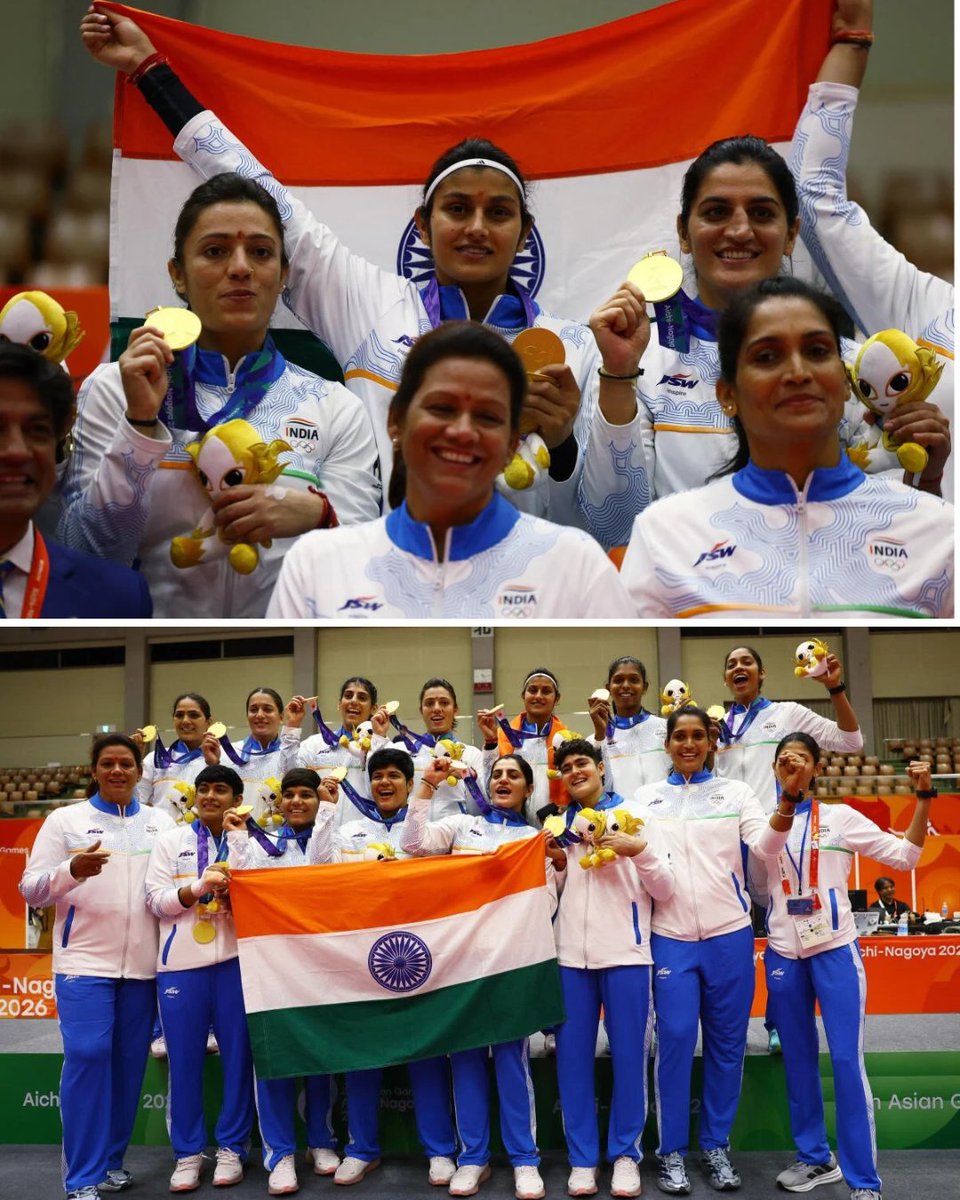 the_hindu's tweet photo. 🥇Women shine again at the Asian Games! India extended their dominance at the tournament as the women’s kabaddi team clinched gold with a thrilling 37-34 win over Iran in the final.

Images: AP, Reuters https://t.co/4UYDoHS8UP