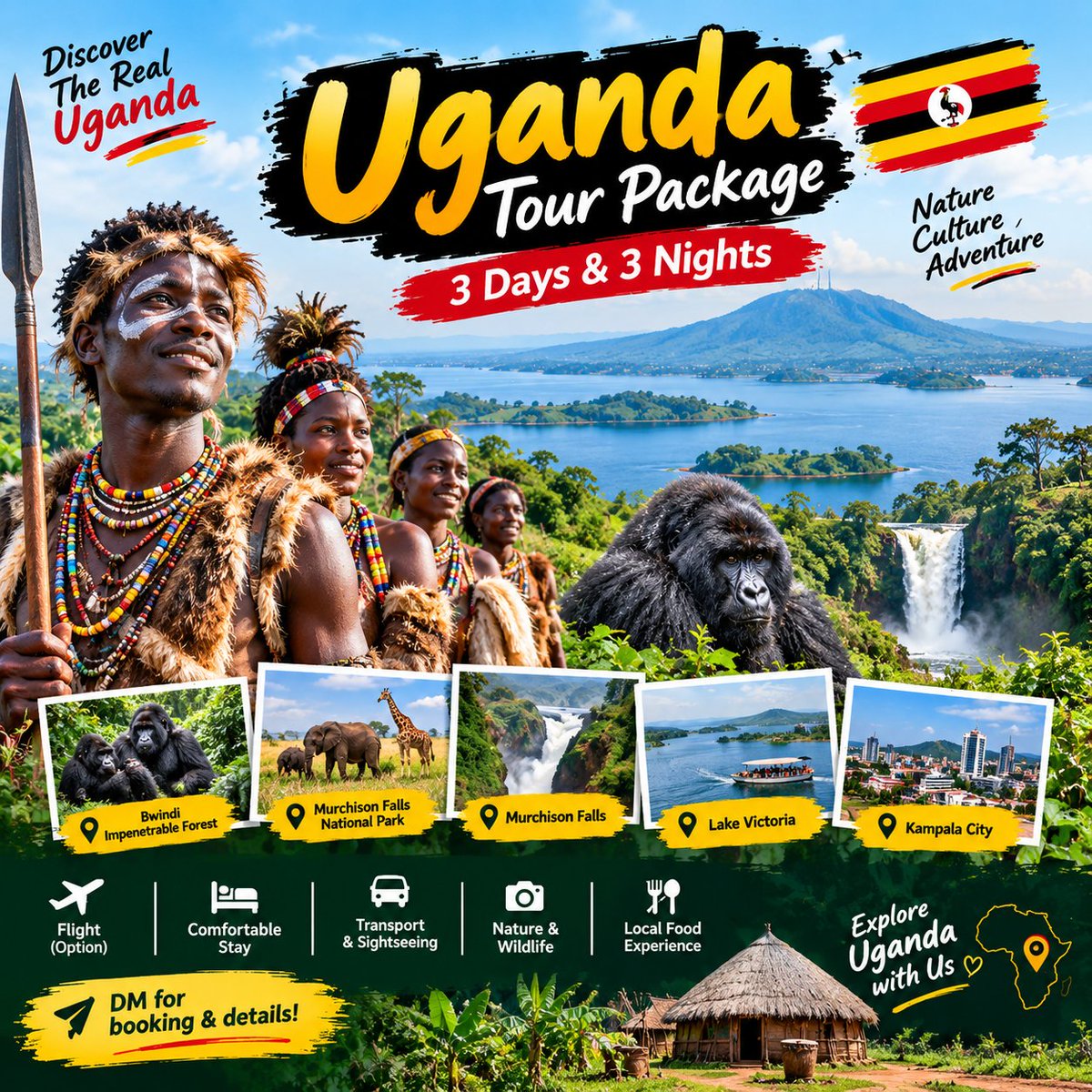 BilionTigga's tweet photo. 🇺🇬✈️ Uganda Tour Package – 3 Days &amp; 3 Nights! 🌍✨
Kampala 🇺🇬 • Entebbe 🌴 • Nature &amp; Adventure 🦍🌿
📩 DM for booking &amp; details!
#UgandaTour #UgandaTravel #AfricaTour #TourPackage #TravelAfrica #Kampala #Entebbe #Travel ✈️🌍🇺🇬 https://t.co/s69rRyir33
