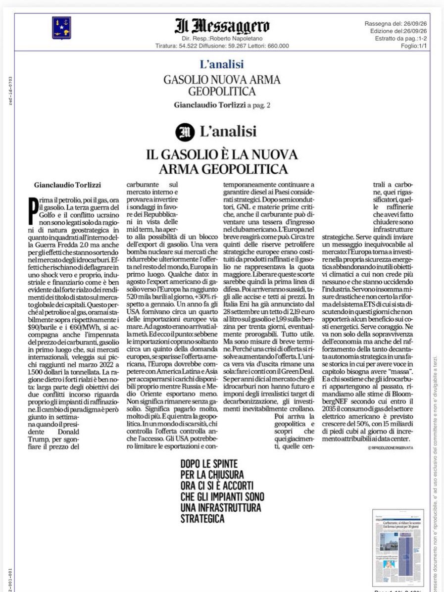 TCommodity's tweet photo. “La vera via d’uscita rimane una sola: fare i conti con il Green Deal. Se per anni dici al mercato che gli idrocarburi non hanno futuro e imponi degli irrealistici target di decarbonizzazione, gli investimenti inevitabilmente crollano. Poi arriva la geopolitica e scopri che quei giacimenti, quelle centrali a carbone, quei rigassificatori, quelle raffinerie che avevi fatto chiudere sono infrastrutture strategiche. Serve quindi inviare un messaggio inequivocabile al mercato: l’Europa torna a investire nella propria sicurezza energetica abbandonando inutili obiettivi climatici a cui non crede più nessuno e che stanno uccidendo l’industria”.
