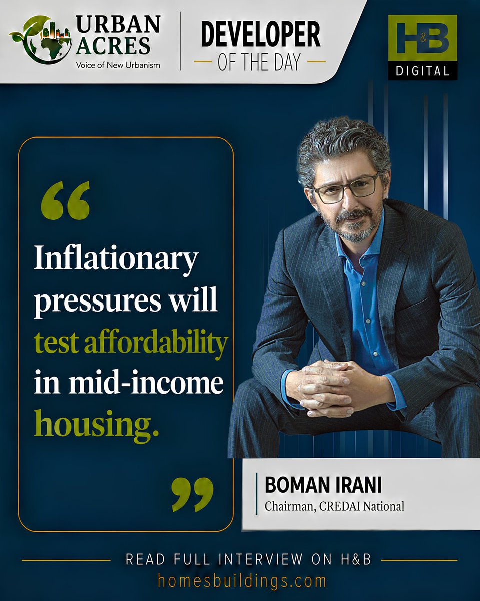 HandB_magazine's tweet photo. Boman Irani, Chairman, #CREDAINational, highlights the need to balance costs, pricing and buyer expectations.
Read: https://t.co/IMlUTPISsA
#DeveloperOfTheDay #BomanIrani #CREDAI #HousingAffordability #MidIncomeHousing #RealEstate #IndianRealEstate #HousingMarket #UrbanAcres https://t.co/LEcvmhMf7P