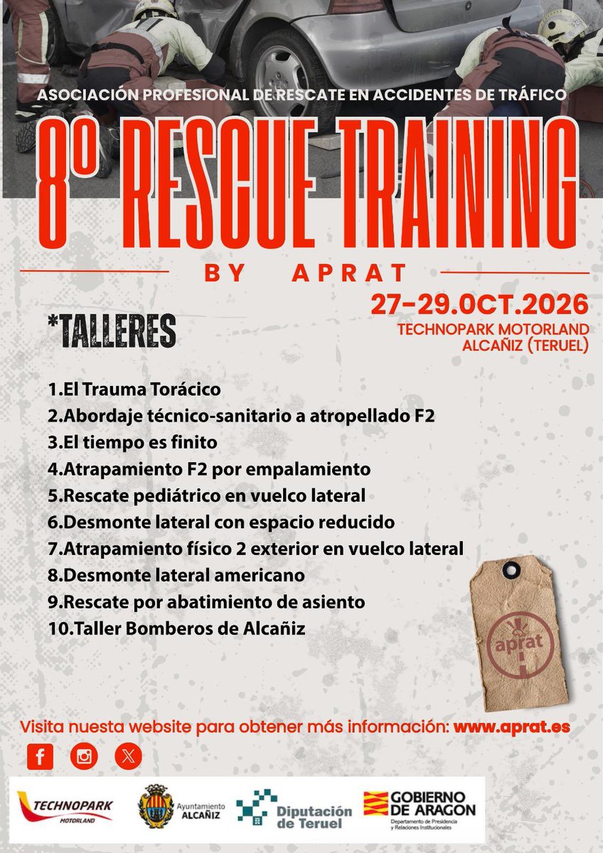 APRATSPAIN1's tweet photo. 🚒🔥 ¡Ya conocemos los talleres del 8º #RescueTraining!
10 talleres de rescate y trauma para entrenar, compartir técnicas y seguir mejorando nuestra respuesta operativa.
📅 27-29 octubre
📍 MotorLand – Alcañiz
👉Todos los talleres en el cartel
🌐 https://t.co/pKpCU9sMtL
#APRAT https://t.co/VxTOgDncmJ