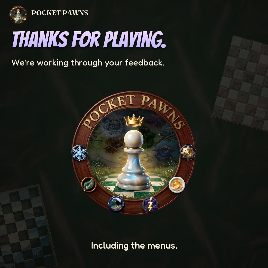PocketPawnsGame's tweet photo. 6/6 • Tell us what you'd change.

99 followers—THANK YOU! We're working through community feedback, including fixing and making a easier to navigate game menu.

Like and share this thread, and follow for updates.

Play the free demo + wishlist on Steam.

https://t.co/tYHD4Y9s6T https://t.co/t51vvRZtej