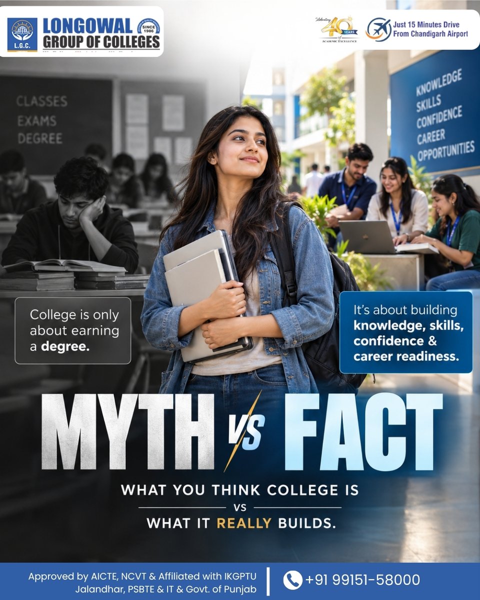lgcderabassi's tweet photo. College isnβt just about earning a degree. Itβs about building knowledge, skills, confidence & career readiness for the future. π
Choose an education that prepares you beyond the classroom.
π +91 99151 58000
#LongowalGroupOfColleges #MythVsFact #CareerReady https://t.co/w59bEYdafL