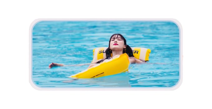 A young woman with dark hair floats on a yellow inflatable raft in bright blue water with her eyes closed, relaxing in the sun.