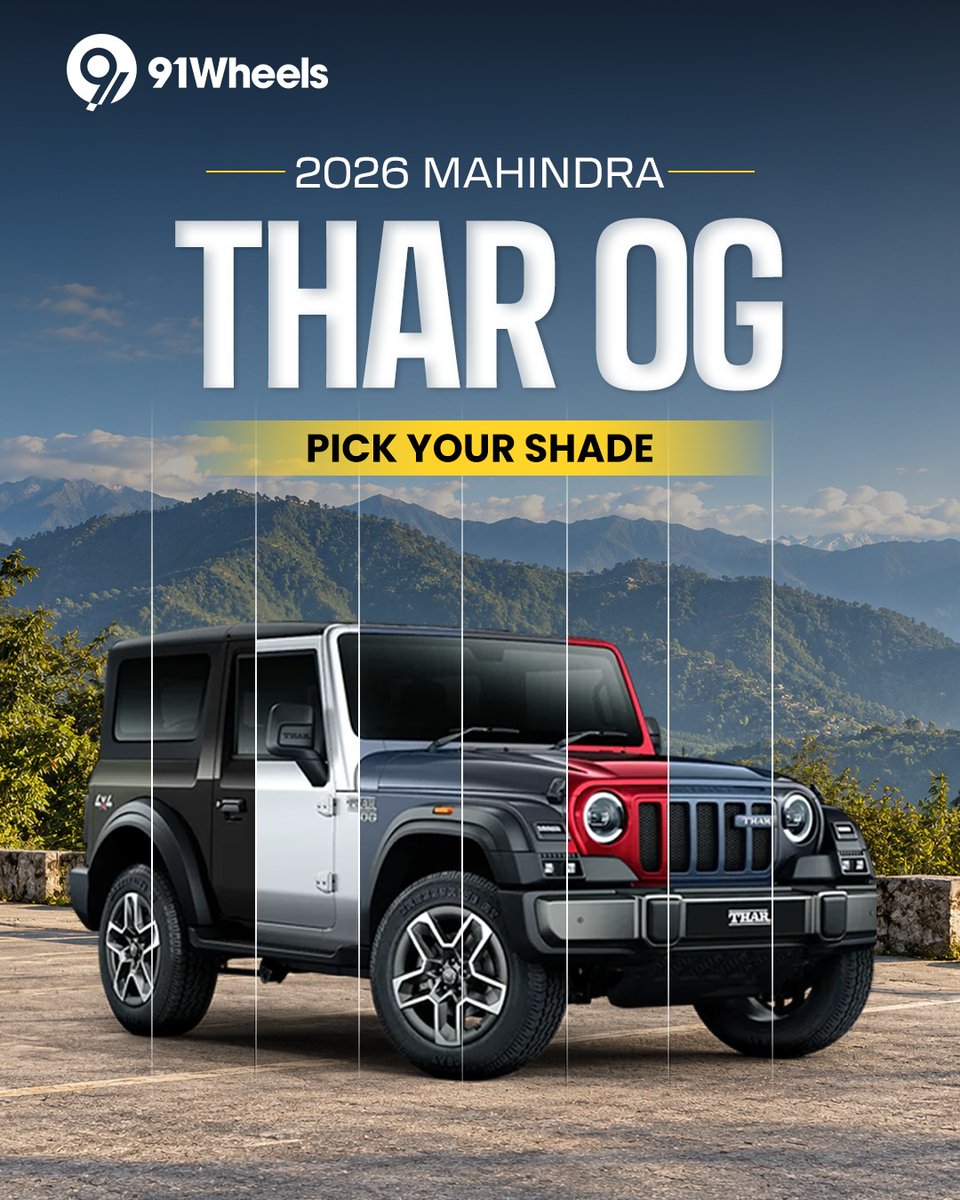 91wheels's tweet photo. 2026 Mahindra Thar OG, in every shade. 👀
A closer look at the colour options available on the new Thar OG.
#MahindraThar #TharOG #MahindraTharOG #SUV #91Wheels https://t.co/GXukGf3m3j