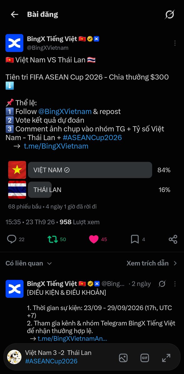 nhoeem2's tweet photo. @BingXVietnam Việt Nam 3 -2  Thái Lan #ASEANCup2026 https://t.co/khs2OiDPd8