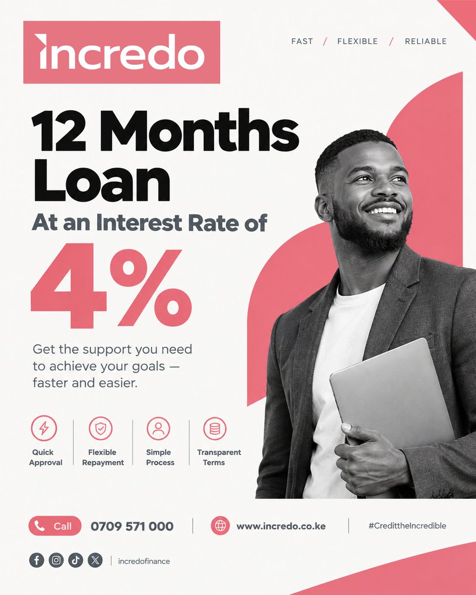 incredofinance's tweet photo. Need financial support with a clear repayment timeline? 💼With a 12-month loan at an interest rate of 4%, you can plan your finances around a defined repayment period. At Incredo, we aim to make the process fast, flexible and transparent.📞 0709 571 000 https://t.co/nWssdHO5vK