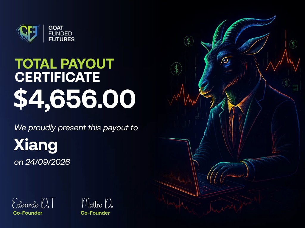 GFFutures's tweet photo. Another strong payout day at Goat Funded Futures. 💰🐐

$4,656 to Xiang
$4,611 to Jonathon
$3,715 to Sheila
$3,104 to Lis

Over $16K rewarded across these four traders alone.

Congrats to everyone getting paid with GFF. 🔥 https://t.co/AsFjozrl89