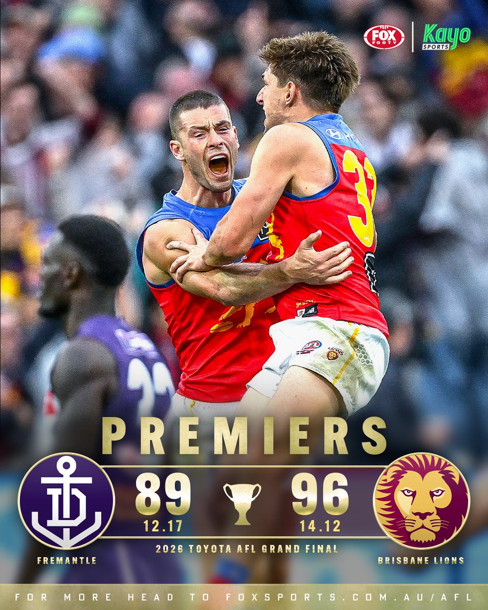 FOXFOOTY's tweet photo. THE GREATEST GRAND FINAL EVER

WHARFIE TIME BACKFIRES IN THE WORST WAY POSSIBLE

THE BRISBANE LIONS HAVE THE THREE-PEAT

WOWWWWWWWWWW >> https://t.co/ssrqTecYoM https://t.co/oVyfRibKkf