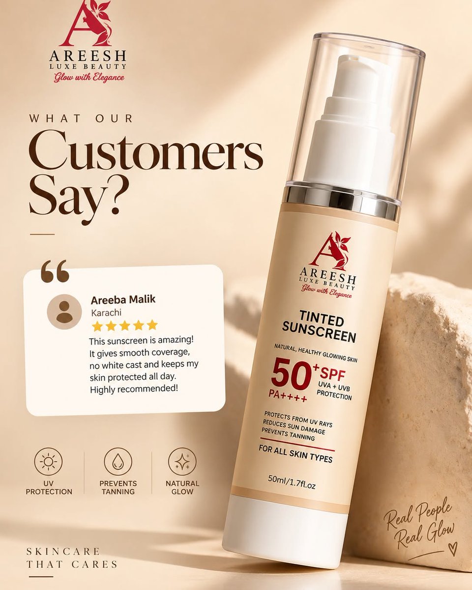 TequilaCoredlp's tweet photo. Your skin deserves protection and a natural glow. Areeesh Tinted Sunscreen SPF 50+ shields against UV rays, helps prevent tanning, and suits all skin types for confident everyday wear. https://t.co/gkFeM5dlPM