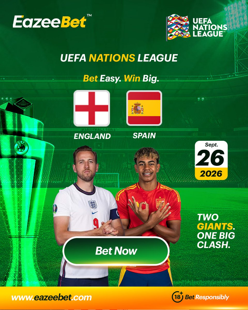 EazeeBetng's tweet photo. TWO GIANTS. ONE BIG CLASH.
ENGLAND vs SPAIN
When these two meet, expect fireworks.
Englandβs power or Spainβs flair?
Bet Nowπ
https://t.co/14m8qn9rHa
#EazeeBet #England #Spain #EnglandVsSpain #POOG #SHUFFLE #Kenedeyforyou #opayat8 #PrizePicks https://t.co/L8VNtEAogB