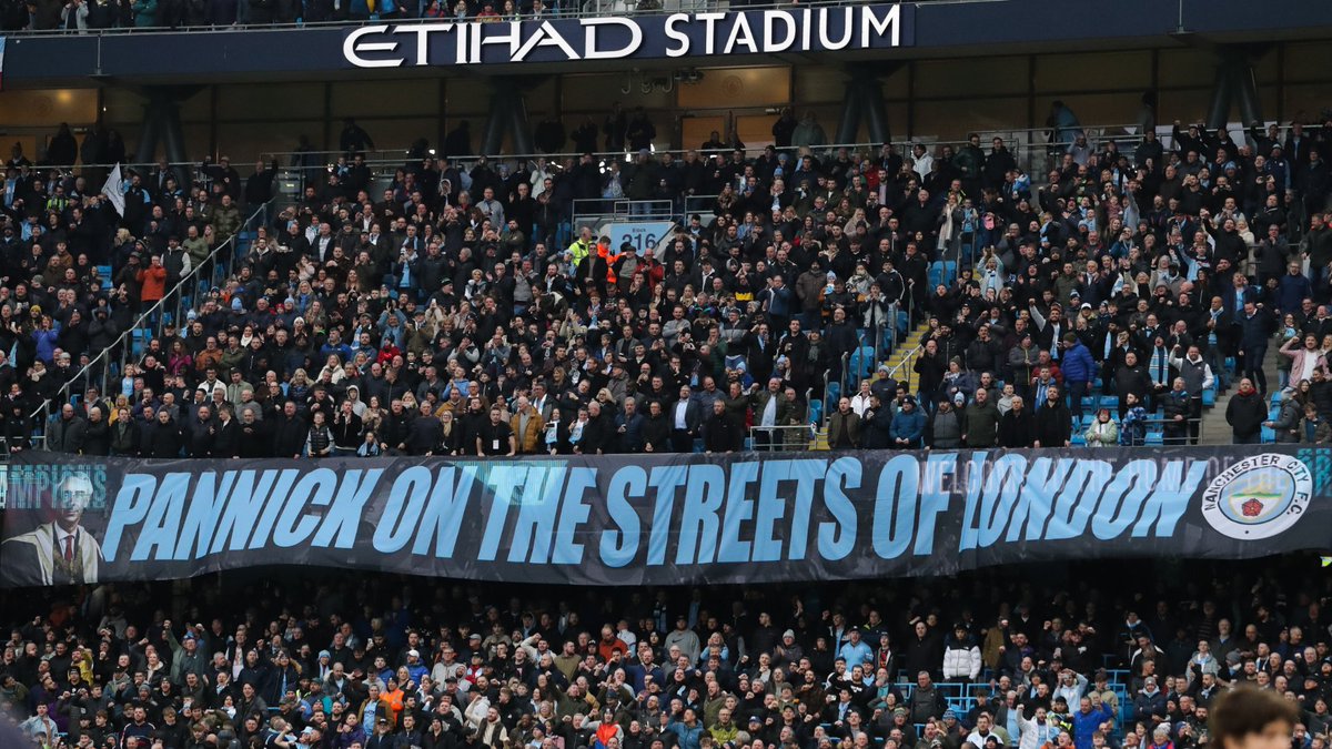 Gaz3putt's tweet photo. It's worth noting that Manchester City fans paid actual money for a banner lauding the work of a high profile barrister.

The man in question, Lord Pannick, went on to win 1 (one) out a possible 115 charges.

Pannick in the streets of London, indeed. https://t.co/KpqL1BeJRp