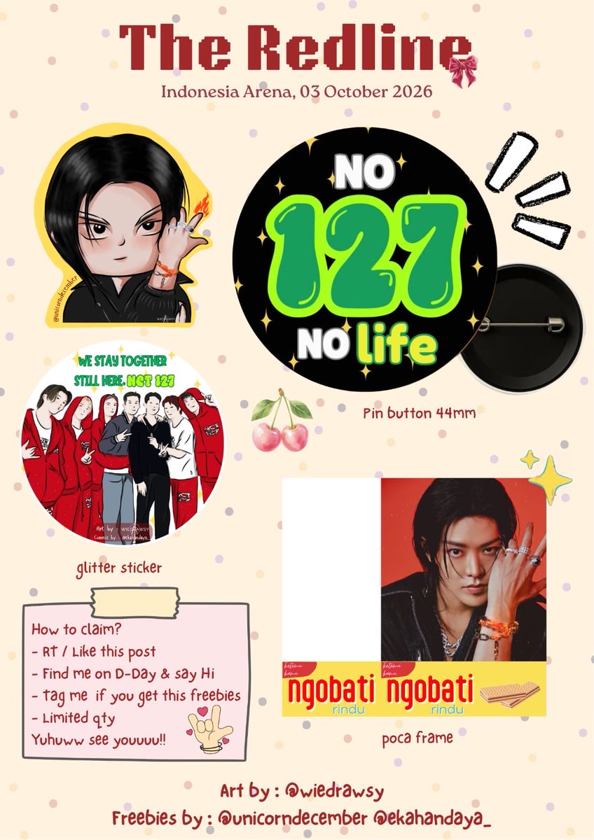 unicornayuta's tweet photo. 🍒💚 THE REDLINE : JAKARTA 💚🍒
— freebies by @unicorndecember 
— art by @Wiedrawsy 

🗓️Sat, 03 Oct 2026
📍Indonesia Arena
✨RT / Like this post are appreciated
🍒Tag me  if you get this freebies
X : @unicorndecember Ig : @ekahandaya_

 #NCT127 #THE_REDLINE_JAKARTA https://t.co/CEX4tuwct5