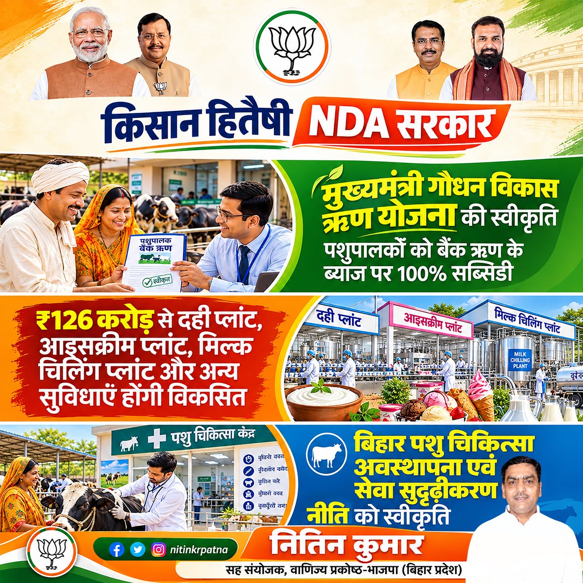 nitinkrpatna's tweet photo. किसानों की खुशहाली, NDA सरकार की प्राथमिकता!

₹126 करोड़ के डेयरी इंफ्रास्ट्रक्चर और ऋण के ब्याज पर 100% सब्सिडी से किसानों को मिलेगी नई ताकत, आय के अवसरों के साथ खुलेगा समृद्धि का नया द्वार।

#NDA4Bihar #Bihar #BJP #Patna #PatnaSahib #PatnaCity https://t.co/pJ6b9T3uQE