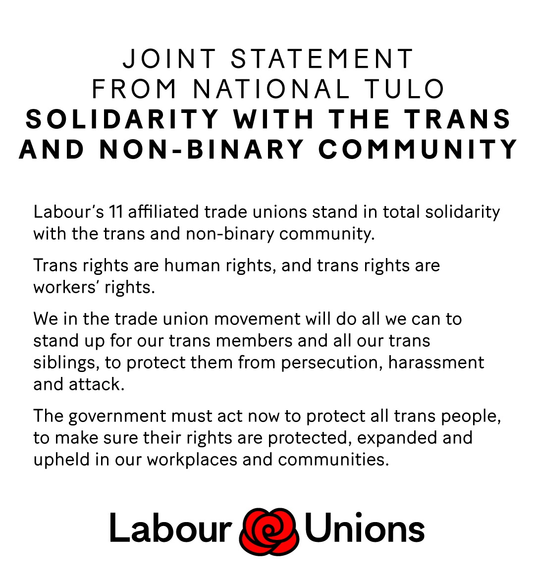 labourunionsuk's tweet photo. Joint Statement from National TULO - Labour's 11 affiliated unions.

Solidarity with the trans and non-binary community. https://t.co/tJIpUgd0fA